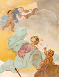 Schloss Bruchsal - Hauptbau / Corps de Logis - Beletage - Kuppelsaal - Kuppelfresko - Ausschnitt aus der südlichen "himmlischen" Zone - Darstellung der göttlichen Treue als junges Mädchen, begleitet von einem Genius mit Taube (urspünglich gemalt 1752 von Johannes Zick und Sohn Januarius, originalgetreu rekonstruiert 1966 von Karl Manninger) (aufgenommen im Oktober 2019, am frühen Nachmittag) Schloss Bruchsal - Hauptbau / Corps de Logis - Beletage - Kuppelsaal - Kuppelfresko - Ausschnitt aus der südlichen "himmlischen" Zone - Darstellung der göttlichen Treue als junges Mädchen, begleitet von einem Genius mit Taube (urspünglich gemalt 1752 von Johannes Zick und Sohn Januarius, originalgetreu rekonstruiert 1966 von Karl Manninger) (aufgenommen im Oktober 2019, am frühen Nachmittag)