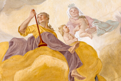 Schloss Bruchsal - Hauptbau / Corps de Logis - Beletage - Kuppelsaal - Kuppelfresko - Ausschnitt aus der südwestlichen "himmlischen" Zone - Darstellungen der göttlichen Ehre als Frau mit Posaune sowie der göttlichen Liebe als gekrönte Frau mit Kindern (urspünglich gemalt 1752 von Johannes Zick und Sohn Januarius, originalgetreu rekonstruiert 1966 von Karl Manninger) (aufgenommen im Oktober 2019, am Nachmittag) Schloss Bruchsal - Hauptbau / Corps de Logis - Beletage - Kuppelsaal - Kuppelfresko - Ausschnitt aus der südwestlichen "himmlischen" Zone - Darstellungen der göttlichen Ehre als Frau mit Posaune sowie der göttlichen Liebe als gekrönte Frau mit Kindern (urspünglich gemalt 1752 von Johannes Zick und Sohn Januarius, originalgetreu rekonstruiert 1966 von Karl Manninger) (aufgenommen im Oktober 2019, am Nachmittag)