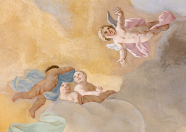 Schloss Bruchsal - Hauptbau / Corps de Logis - Beletage - Kuppelsaal - Kuppelfresko - Ausschnitt aus der südlichen "himmlischen" Zone - Vier Genien als Staffagefiguren (urspünglich gemalt 1752 von Johannes Zick und Sohn Januarius, originalgetreu rekonstruiert 1966 von Karl Manninger) (aufgenommen im Oktober 2019, am Nachmittag) Schloss Bruchsal - Hauptbau / Corps de Logis - Beletage - Kuppelsaal - Kuppelfresko - Ausschnitt aus der südlichen "himmlischen" Zone - Vier Genien als Staffagefiguren (urspünglich gemalt 1752 von Johannes Zick und Sohn Januarius, originalgetreu rekonstruiert 1966 von Karl Manninger) (aufgenommen im Oktober 2019, am Nachmittag)