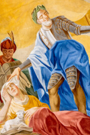 Schloss Bruchsal - Hauptbau / Corps de Logis - Beletage - Kuppelsaal - Kuppelfresko - Ausschnitt aus der südwestlichen "himmlischen" Zone - Darstellung des Merowingerkönigs Dagobert mit Rüstung und Lorbeerkranz, dem erneut blinden Heidentum (dargestellt als Frau) das Tuch vom Gesicht ziehend; unten links ein Lamm als Symbol für das nun etablierte Bistum Speyer (urspünglich gemalt 1752 von Johannes Zick und Sohn Januarius, originalgetreu rekonstruiert 1966 von Karl Manninger) (aufgenommen im Oktober 2019, am Nachmittag) Schloss Bruchsal - Hauptbau / Corps de Logis - Beletage - Kuppelsaal - Kuppelfresko - Ausschnitt aus der südwestlichen "himmlischen" Zone - Darstellung des Merowingerkönigs Dagobert mit Rüstung und Lorbeerkranz, dem erneut blinden Heidentum (dargestellt als Frau) das Tuch vom Gesicht ziehend; unten links ein Lamm als Symbol für das nun etablierte Bistum Speyer (urspünglich gemalt 1752 von Johannes Zick und Sohn Januarius, originalgetreu rekonstruiert 1966 von Karl Manninger) (aufgenommen im Oktober 2019, am Nachmittag)