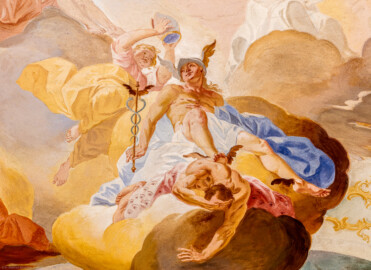 Schloss Bruchsal - Hauptbau / Corps de Logis - Beletage - Fürstensaal - Decke, Mitte, Zentrum nach Westen hin - Ausschnitt aus der westlichen mittleren inneren Zone - Mitte: Darstellung des Götterboten Hermes (mit Flügeln an Helm und Füßen), in der Hand den Hermesstab (ein Stab mit zwei Flügeln, umschlungen von zwei Schlangen); links: ein Genius, eine Mitra (als Symbol für die geistliche Würde) über Hermes haltend; unten: Darstelllung des besiegten Ungeheuers Argos, dessen 100 Augen auf einem Tuch abgebildet sind (Deckenfresko urspünglich gemalt 1751 von Johannes Zick, originalgetreu rekonstruiert 1966 bis 1969 von Wolfram Köberl) (aufgenommen im Oktober 2019, am Nachmittag) Schloss Bruchsal - Hauptbau / Corps de Logis - Beletage - Fürstensaal - Decke, Mitte, Zentrum nach Westen hin - Ausschnitt aus der westlichen mittleren inneren Zone - Mitte: Darstellung des Götterboten Hermes (mit Flügeln an Helm und Füßen), in der Hand den Hermesstab (ein Stab mit zwei Flügeln, umschlungen von zwei Schlangen); links: ein Genius, eine Mitra (als Symbol für die geistliche Würde) über Hermes haltend; unten: Darstelllung des besiegten Ungeheuers Argos, dessen 100 Augen auf einem Tuch abgebildet sind (Deckenfresko urspünglich gemalt 1751 von Johannes Zick, originalgetreu rekonstruiert 1966 bis 1969 von Wolfram Köberl) (aufgenommen im Oktober 2019, am Nachmittag)