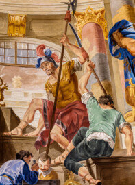 Schloss Bruchsal - Hauptbau / Corps de Logis - Beletage - Kuppelsaal - Kuppelfresko - Ausschnitt aus dem östlichen "irdischen" Bereich - Vier Staffagefiguren (urspünglich gemalt 1752 von Johannes Zick und Sohn Januarius, originalgetreu rekonstruiert 1966 von Karl Manninger) (aufgenommen im Oktober 2019, am Nachmittag) Schloss Bruchsal - Hauptbau / Corps de Logis - Beletage - Kuppelsaal - Kuppelfresko - Ausschnitt aus dem östlichen "irdischen" Bereich - Vier Staffagefiguren (urspünglich gemalt 1752 von Johannes Zick und Sohn Januarius, originalgetreu rekonstruiert 1966 von Karl Manninger) (aufgenommen im Oktober 2019, am Nachmittag)