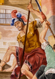 Schloss Bruchsal - Hauptbau / Corps de Logis - Beletage - Kuppelsaal - Kuppelfresko - Ausschnitt aus dem östlichen "irdischen" Bereich - Soldat als Staffagefigur (urspünglich gemalt 1752 von Johannes Zick und Sohn Januarius, originalgetreu rekonstruiert 1966 von Karl Manninger) (aufgenommen im Oktober 2019, am späten Nachmittag) Schloss Bruchsal - Hauptbau / Corps de Logis - Beletage - Kuppelsaal - Kuppelfresko - Ausschnitt aus dem östlichen "irdischen" Bereich - Soldat als Staffagefigur (urspünglich gemalt 1752 von Johannes Zick und Sohn Januarius, originalgetreu rekonstruiert 1966 von Karl Manninger) (aufgenommen im Oktober 2019, am späten Nachmittag)