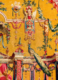 Schloss Bruchsal - Hauptbau / Corps de Logis - Von innen - Beletage - Jagdzimmer - Östliche Wand, Südseite - Ausschnitt aus der Tapisserie "Tänzerinnen vor einer Statue des Gottes Pan" aus der "Groteskenserie" (Inv.Nr. G 101; Höhe x Breite: 332,5 cm x 325 cm; hergestellt in der Werkstatt von Philippe Behagle (Vater oder Sohn) in Beauvais zwischen 1685 und 1719; Entwürfe von Jean-Baptiste Monnoyer, Guy-Louis de Vernansal, Jean-Baptiste B(e)lin de Fontenay; restauriert 1960 und nach 2007) (aufgenommen im Oktober 2019, am Nachmittag) Schloss Bruchsal - Hauptbau / Corps de Logis - Von innen - Beletage - Jagdzimmer - Östliche Wand, Südseite - Ausschnitt aus der Tapisserie "Tänzerinnen vor einer Statue des Gottes Pan" aus der "Groteskenserie" (Inv.Nr. G 101; Höhe x Breite: 332,5 cm x 325 cm; hergestellt in der Werkstatt von Philippe Behagle (Vater oder Sohn) in Beauvais zwischen 1685 und 1719; Entwürfe von Jean-Baptiste Monnoyer, Guy-Louis de Vernansal, Jean-Baptiste B(e)lin de Fontenay; restauriert 1960 und nach 2007) (aufgenommen im Oktober 2019, am Nachmittag)