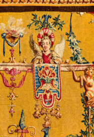 Schloss Bruchsal - Hauptbau / Corps de Logis - Von innen - Beletage - Jagdzimmer - Östliche Wand, Südseite - Ausschnitt aus der Tapisserie "Tänzerinnen vor einer Statue des Gottes Pan" aus der "Groteskenserie" (Inv.Nr. G 101; Höhe x Breite: 332,5 cm x 325 cm; hergestellt in der Werkstatt von Philippe Behagle (Vater oder Sohn) in Beauvais zwischen 1685 und 1719; Entwürfe von Jean-Baptiste Monnoyer, Guy-Louis de Vernansal, Jean-Baptiste B(e)lin de Fontenay; restauriert 1960 und nach 2007) (aufgenommen im Oktober 2019, am Nachmittag) Schloss Bruchsal - Hauptbau / Corps de Logis - Von innen - Beletage - Jagdzimmer - Östliche Wand, Südseite - Ausschnitt aus der Tapisserie "Tänzerinnen vor einer Statue des Gottes Pan" aus der "Groteskenserie" (Inv.Nr. G 101; Höhe x Breite: 332,5 cm x 325 cm; hergestellt in der Werkstatt von Philippe Behagle (Vater oder Sohn) in Beauvais zwischen 1685 und 1719; Entwürfe von Jean-Baptiste Monnoyer, Guy-Louis de Vernansal, Jean-Baptiste B(e)lin de Fontenay; restauriert 1960 und nach 2007) (aufgenommen im Oktober 2019, am Nachmittag)