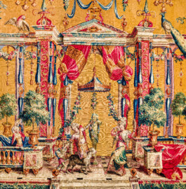 Schloss Bruchsal - Hauptbau / Corps de Logis - Von innen - Beletage - Jagdzimmer - Östliche Wand, Südseite - Ausschnitt aus der Tapisserie "Tänzerinnen vor einer Statue des Gottes Pan" aus der "Groteskenserie" (Inv.Nr. G 101; Höhe x Breite: 332,5 cm x 325 cm; hergestellt in der Werkstatt von Philippe Behagle (Vater oder Sohn) in Beauvais zwischen 1685 und 1719; Entwürfe von Jean-Baptiste Monnoyer, Guy-Louis de Vernansal, Jean-Baptiste B(e)lin de Fontenay; restauriert 1960 und nach 2007) (aufgenommen im Oktober 2019, am Nachmittag) Schloss Bruchsal - Hauptbau / Corps de Logis - Von innen - Beletage - Jagdzimmer - Östliche Wand, Südseite - Ausschnitt aus der Tapisserie "Tänzerinnen vor einer Statue des Gottes Pan" aus der "Groteskenserie" (Inv.Nr. G 101; Höhe x Breite: 332,5 cm x 325 cm; hergestellt in der Werkstatt von Philippe Behagle (Vater oder Sohn) in Beauvais zwischen 1685 und 1719; Entwürfe von Jean-Baptiste Monnoyer, Guy-Louis de Vernansal, Jean-Baptiste B(e)lin de Fontenay; restauriert 1960 und nach 2007) (aufgenommen im Oktober 2019, am Nachmittag)