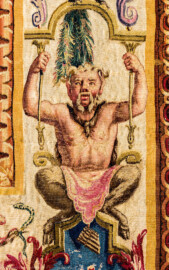 Schloss Bruchsal - Hauptbau / Corps de Logis - Beletage - Jagdzimmer - Östliche Wand, rechts Seite - Ausschnitt "Bärtiger Chinese" (rechter Randstreifen, weiter unten) aus der Tapisserie "Tänzerinnen vor einer Statue des Gottes Pan" aus der "Groteskenserie" (Inv.Nr. G 101; Größe 332,5 cm x 325 cm; hergestellt in der Werkstatt von Philippe Behagle (Vater oder Sohn) in Beauvais zwischen 1685 und 1719) (aufgenommen im Oktober 2019, am Nachmittag) Schloss Bruchsal - Hauptbau / Corps de Logis - Beletage - Jagdzimmer - Östliche Wand, rechts Seite - Ausschnitt "Bärtiger Chinese" (rechter Randstreifen, weiter unten) aus der Tapisserie "Tänzerinnen vor einer Statue des Gottes Pan" aus der "Groteskenserie" (Inv.Nr. G 101; Größe 332,5 cm x 325 cm; hergestellt in der Werkstatt von Philippe Behagle (Vater oder Sohn) in Beauvais zwischen 1685 und 1719) (aufgenommen im Oktober 2019, am Nachmittag)