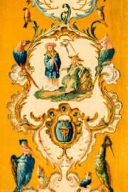 Schloss Bruchsal - Hauptbau / Corps de Logis - Beletage - Musikzimmer - Südliche Wand, ganz rechts - Ausschnitt unterhalb der Mitte aus einer Savonnerie mit chinoisen Motiven (Entwurf von Johann Martin Metz; hergestellt in der Kurkölnischen Savonneriemanufaktur in Bonn, zwischen 1758 und 1761) (aufgenommen im November 2019, am späten Vormittag) Schloss Bruchsal - Hauptbau / Corps de Logis - Beletage - Musikzimmer - Südliche Wand, ganz rechts - Ausschnitt unterhalb der Mitte aus einer Savonnerie mit chinoisen Motiven (Entwurf von Johann Martin Metz; hergestellt in der Kurkölnischen Savonneriemanufaktur in Bonn, zwischen 1758 und 1761) (aufgenommen im November 2019, am späten Vormittag)