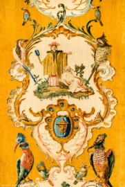 Schloss Bruchsal - Hauptbau / Corps de Logis - Beletage - Musikzimmer - Südliche Wand, direkt rechts des Durchgangs zum Jagdzimmer - Ausschnitt unterhalb der Mitte aus einer Savonnerie mit chinoisen Motiven (Entwurf von Johann Martin Metz; hergestellt in der Kurkölnischen Savonneriemanufaktur in Bonn, zwischen 1758 und 1761) (aufgenommen im November 2019, am späten Vormittag) Schloss Bruchsal - Hauptbau / Corps de Logis - Beletage - Musikzimmer - Südliche Wand, direkt rechts des Durchgangs zum Jagdzimmer - Ausschnitt unterhalb der Mitte aus einer Savonnerie mit chinoisen Motiven (Entwurf von Johann Martin Metz; hergestellt in der Kurkölnischen Savonneriemanufaktur in Bonn, zwischen 1758 und 1761) (aufgenommen im November 2019, am späten Vormittag)