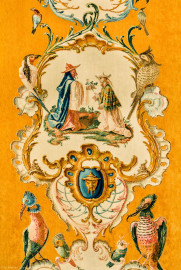 Schloss Bruchsal - Hauptbau / Corps de Logis - Beletage - Musikzimmer - Östliche Wand, ganz links - Ausschnitt unterhalb der Mitte aus einer Savonnerie mit chinoisen Motiven (Entwurf von Johann Martin Metz; hergestellt in der Kurkölnischen Savonneriemanufaktur in Bonn, zwischen 1758 und 1761) (aufgenommen im November 2019, am späten Vormittag) Schloss Bruchsal - Hauptbau / Corps de Logis - Beletage - Musikzimmer - Östliche Wand, ganz links - Ausschnitt unterhalb der Mitte aus einer Savonnerie mit chinoisen Motiven (Entwurf von Johann Martin Metz; hergestellt in der Kurkölnischen Savonneriemanufaktur in Bonn, zwischen 1758 und 1761) (aufgenommen im November 2019, am späten Vormittag)