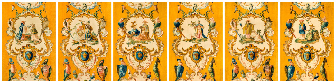 Schloss Bruchsal - Hauptbau / Corps de Logis - Beletage - Musikzimmer - Östliche Wand, ganz links bis südliche Wand, ganz rechts - Ausschnitte unterhalb der Mitte aus Savonnerien mit chinoisen Motiven (Entwurf von Johann Martin Metz; hergestellt in der Kurkölnischen Savonneriemanufaktur in Bonn, zwischen 1758 und 1761) (aufgenommen im November 2019, am späten Vormittag) Schloss Bruchsal - Hauptbau / Corps de Logis - Beletage - Musikzimmer - Östliche Wand, ganz links bis südliche Wand, ganz rechts - Ausschnitte unterhalb der Mitte aus Savonnerien mit chinoisen Motiven (Entwurf von Johann Martin Metz; hergestellt in der Kurkölnischen Savonneriemanufaktur in Bonn, zwischen 1758 und 1761) (aufgenommen im November 2019, am späten Vormittag)