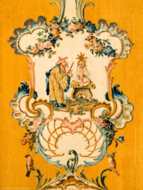 Schloss Bruchsal - Hauptbau / Corps de Logis - Beletage - Musikzimmer - Südliche Wand, ganz rechts - Ausschnitt oberhalb der Mitte aus einer Savonnerie mit chinoisen Motiven (Entwurf von Johann Martin Metz; hergestellt in der Kurkölnischen Savonneriemanufaktur in Bonn, zwischen 1758 und 1761) (aufgenommen im November 2019, um die Mittagszeit) Schloss Bruchsal - Hauptbau / Corps de Logis - Beletage - Musikzimmer - Südliche Wand, ganz rechts - Ausschnitt oberhalb der Mitte aus einer Savonnerie mit chinoisen Motiven (Entwurf von Johann Martin Metz; hergestellt in der Kurkölnischen Savonneriemanufaktur in Bonn, zwischen 1758 und 1761) (aufgenommen im November 2019, um die Mittagszeit)