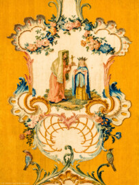 Schloss Bruchsal - Hauptbau / Corps de Logis - Beletage - Musikzimmer - Südliche Wand, direkt rechts des Durchgangs zum Jagdzimmer - Ausschnitt oberhalb der Mitte aus einer Savonnerie mit chinoisen Motiven (Entwurf von Johann Martin Metz; hergestellt in der Kurkölnischen Savonneriemanufaktur in Bonn, zwischen 1758 und 1761) (aufgenommen im November 2019, am frühen Nachmittag) Schloss Bruchsal - Hauptbau / Corps de Logis - Beletage - Musikzimmer - Südliche Wand, direkt rechts des Durchgangs zum Jagdzimmer - Ausschnitt oberhalb der Mitte aus einer Savonnerie mit chinoisen Motiven (Entwurf von Johann Martin Metz; hergestellt in der Kurkölnischen Savonneriemanufaktur in Bonn, zwischen 1758 und 1761) (aufgenommen im November 2019, am frühen Nachmittag)