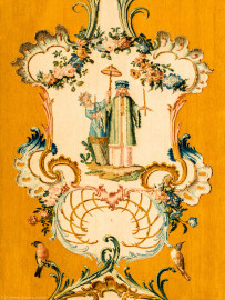 Schloss Bruchsal - Hauptbau / Corps de Logis - Beletage - Musikzimmer - Östliche Wand, ganz rechts - Ausschnitt oberhalb der Mitte aus einer Savonnerie mit chinoisen Motiven (Entwurf von Johann Martin Metz; hergestellt in der Kurkölnischen Savonneriemanufaktur in Bonn, zwischen 1758 und 1761) (aufgenommen im November 2019, am frühen Nachmittag) Schloss Bruchsal - Hauptbau / Corps de Logis - Beletage - Musikzimmer - Östliche Wand, ganz rechts - Ausschnitt oberhalb der Mitte aus einer Savonnerie mit chinoisen Motiven (Entwurf von Johann Martin Metz; hergestellt in der Kurkölnischen Savonneriemanufaktur in Bonn, zwischen 1758 und 1761) (aufgenommen im November 2019, am frühen Nachmittag)