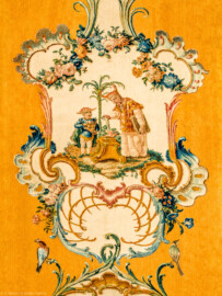 Schloss Bruchsal - Hauptbau / Corps de Logis - Beletage - Musikzimmer - Östliche Wand, ganz links - Ausschnitt oberhalb der Mitte aus einer Savonnerie mit chinoisen Motiven (Entwurf von Johann Martin Metz; hergestellt in der Kurkölnischen Savonneriemanufaktur in Bonn, zwischen 1758 und 1761) (aufgenommen im November 2019, am frühen Nachmittag) Schloss Bruchsal - Hauptbau / Corps de Logis - Beletage - Musikzimmer - Östliche Wand, ganz links - Ausschnitt oberhalb der Mitte aus einer Savonnerie mit chinoisen Motiven (Entwurf von Johann Martin Metz; hergestellt in der Kurkölnischen Savonneriemanufaktur in Bonn, zwischen 1758 und 1761) (aufgenommen im November 2019, am frühen Nachmittag)