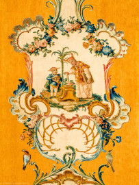 Schloss Bruchsal - Hauptbau / Corps de Logis - Beletage - Musikzimmer - Östliche Wand, ganz links - Ausschnitt oberhalb der Mitte aus einer Savonnerie mit chinoisen Motiven (Entwurf von Johann Martin Metz; hergestellt in der Kurkölnischen Savonneriemanufaktur in Bonn, zwischen 1758 und 1761) (aufgenommen im November 2019, am frühen Nachmittag) Schloss Bruchsal - Hauptbau / Corps de Logis - Beletage - Musikzimmer - Östliche Wand, ganz links - Ausschnitt oberhalb der Mitte aus einer Savonnerie mit chinoisen Motiven (Entwurf von Johann Martin Metz; hergestellt in der Kurkölnischen Savonneriemanufaktur in Bonn, zwischen 1758 und 1761) (aufgenommen im November 2019, am frühen Nachmittag)