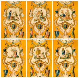 Schloss Bruchsal - Hauptbau / Corps de Logis - Beletage - Musikzimmer - Östliche Wand, ganz links bis südliche Wand, ganz rechts - Ausschnitte unterhalb der Mitte aus Savonnerien mit chinoisen Motiven (Entwurf von Johann Martin Metz; hergestellt in der Kurkölnischen Savonneriemanufaktur in Bonn, zwischen 1758 und 1761) (aufgenommen im November 2019, am späten Vormittag) Schloss Bruchsal - Hauptbau / Corps de Logis - Beletage - Musikzimmer - Östliche Wand, ganz links bis südliche Wand, ganz rechts - Ausschnitte unterhalb der Mitte aus Savonnerien mit chinoisen Motiven (Entwurf von Johann Martin Metz; hergestellt in der Kurkölnischen Savonneriemanufaktur in Bonn, zwischen 1758 und 1761) (aufgenommen im November 2019, am späten Vormittag)