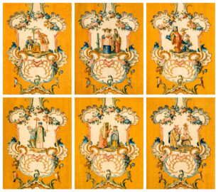 Schloss Bruchsal - Hauptbau / Corps de Logis - Beletage - Musikzimmer - Östliche Wand, ganz links bis südliche Wand, ganz rechts - Ausschnitte oberhalb der Mitte aus Savonnerien mit chinoisen Motiven (Entwurf von Johann Martin Metz; hergestellt in der Kurkölnischen Savonneriemanufaktur in Bonn, zwischen 1758 und 1761) (aufgenommen im November 2019, am frühen Nachmittag) Schloss Bruchsal - Hauptbau / Corps de Logis - Beletage - Musikzimmer - Östliche Wand, ganz links bis südliche Wand, ganz rechts - Ausschnitte oberhalb der Mitte aus Savonnerien mit chinoisen Motiven (Entwurf von Johann Martin Metz; hergestellt in der Kurkölnischen Savonneriemanufaktur in Bonn, zwischen 1758 und 1761) (aufgenommen im November 2019, am frühen Nachmittag)