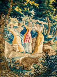 Schloss Bruchsal - Hauptbau / Corps de Logis - Beletage - Blaues Zimmer - Südliche Wand - Ausschnitt "Wehklagende Frauen" aus der Tapisserie "Europa auf dem Stier" aus der Serie "Die Verwandlungen des Jupiter" (Inv.Nr. G 128; Größe 361 cm x 543 cm; Wolle und Seide; hergestellt in Flandern zwischen 1650 und 1675) (aufgenommen im November 2019, um die Mittagszeit) Schloss Bruchsal - Hauptbau / Corps de Logis - Beletage - Blaues Zimmer - Südliche Wand - Ausschnitt "Wehklagende Frauen" aus der Tapisserie "Europa auf dem Stier" aus der Serie "Die Verwandlungen des Jupiter" (Inv.Nr. G 128; Größe 361 cm x 543 cm; Wolle und Seide; hergestellt in Flandern zwischen 1650 und 1675) (aufgenommen im November 2019, um die Mittagszeit)