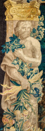 Schloss Bruchsal - Hauptbau / Corps de Logis - Beletage - Blaues Zimmer - Südliche Wand - Ausschnitt mit männlicher Figur aus der Bordüre (weiter oben, links) aus der Tapisserie "Europa auf dem Stier" aus der Serie "Die Verwandlungen des Jupiter" (Inv.Nr. G 128; Größe 361 cm x 543 cm; Wolle und Seide; hergestellt in Flandern zwischen 1650 und 1675) (aufgenommen im November 2019, am Nachmittag) Schloss Bruchsal - Hauptbau / Corps de Logis - Beletage - Blaues Zimmer - Südliche Wand - Ausschnitt mit männlicher Figur aus der Bordüre (weiter oben, links) aus der Tapisserie "Europa auf dem Stier" aus der Serie "Die Verwandlungen des Jupiter" (Inv.Nr. G 128; Größe 361 cm x 543 cm; Wolle und Seide; hergestellt in Flandern zwischen 1650 und 1675) (aufgenommen im November 2019, am Nachmittag)