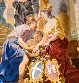 Schloss Bruchsal - Hauptbau / Corps de Logis - Beletage - Kuppelsaal - Von Norden - Ausschnitt aus dem südlichem Kuppelfresko - Vereinigung des Bistums Speyer mit der Propstei Weißenburg, die Bischof Philip II. von Flersheim 1545 bei Kaiser Karl V. erreichen konnte; Personifikationen von Bruchsal (linke Figur, unten) und Weißenburg (rechte Figur, unten) reichen sich die Hände und werden von der „Unzertrennlichkeit“ (mittlere Figur, unten) verbunden (urspünglich gemalt 1752 von Johannes Zick und Sohn Januarius, originalgetreu rekonstruiert 1966 von Karl Manninger) (aufgenommen im Dezember 2019, am späten Vormittag) Schloss Bruchsal - Hauptbau / Corps de Logis - Beletage - Kuppelsaal - Von Norden - Ausschnitt aus dem südlichem Kuppelfresko - Vereinigung des Bistums Speyer mit der Propstei Weißenburg, die Bischof Philip II. von Flersheim 1545 bei Kaiser Karl V. erreichen konnte; Personifikationen von Bruchsal (linke Figur, unten) und Weißenburg (rechte Figur, unten) reichen sich die Hände und werden von der „Unzertrennlichkeit“ (mittlere Figur, unten) verbunden (urspünglich gemalt 1752 von Johannes Zick und Sohn Januarius, originalgetreu rekonstruiert 1966 von Karl Manninger) (aufgenommen im Dezember 2019, am späten Vormittag)