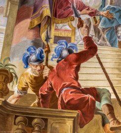 Schloss Bruchsal - Hauptbau / Corps de Logis - Beletage - Kuppelsaal - Kuppelfresko - Ausschnitt aus dem südlichen "irdischen" Bereich - Zwei Soldaten als Staffagefiguren (urspünglich gemalt 1752 von Johannes Zick und Sohn Januarius, originalgetreu rekonstruiert 1966 von Karl Manninger) (aufgenommen im Dezember 2019, am frühen Nachmittag)