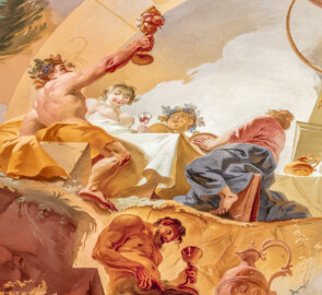 Schloss Bruchsal - Hauptbau / Corps de Logis - Beletage - Marmorsaal / Kaisersaal - Deckenfresko, äußere Zone, nordöstlich des Zentrums - Von Südwesten - Ausschnitt aus dem Ewigen Göttermahl im Olymp - Links: Darstellung des Dionysos / Bacchus, Gott des Weins; rechts: eine Tambourin spielende Frau; unten: ein zechender Satyr (Deckenfresko urspünglich gemalt 1754 von Johannes Zick, originalgetreu rekonstruiert 1971 bis 1974 von Wolfram Köberl; Stuck urspünglich von Johann Michael Feuchtmayer dem Jüngeren, rekonstruiert 1962 bis 1969 von Jakob und Josef Schnitzer) (aufgenommen im Januar 2020, am Nachmittag) Schloss Bruchsal - Hauptbau / Corps de Logis - Beletage - Marmorsaal / Kaisersaal - Deckenfresko, äußere Zone, nordöstlich des Zentrums - Von Südwesten - Ausschnitt aus dem Ewigen Göttermahl im Olymp - Links: Darstellung des Dionysos / Bacchus, Gott des Weins; rechts: eine Tambourin spielende Frau; unten: ein zechender Satyr (Deckenfresko urspünglich gemalt 1754 von Johannes Zick, originalgetreu rekonstruiert 1971 bis 1974 von Wolfram Köberl; Stuck urspünglich von Johann Michael Feuchtmayer dem Jüngeren, rekonstruiert 1962 bis 1969 von Jakob und Josef Schnitzer) (aufgenommen im Januar 2020, am Nachmittag)