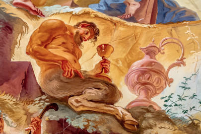 Schloss Bruchsal - Hauptbau / Corps de Logis - Beletage - Marmorsaal / Kaisersaal - Deckenfresko, äußere Zone, nordöstlich des Zentrums - Von Südwesten - Ausschnitt aus dem Ewigen Göttermahl im Olymp - Darstellung eines zechenden Satyrs (Deckenfresko urspünglich gemalt 1754 von Johannes Zick, originalgetreu rekonstruiert 1971 bis 1974 von Wolfram Köberl; Stuck urspünglich von Johann Michael Feuchtmayer dem Jüngeren, rekonstruiert 1962 bis 1969 von Jakob und Josef Schnitzer) (aufgenommen im Januar 2020, am Nachmittag) Schloss Bruchsal - Hauptbau / Corps de Logis - Beletage - Marmorsaal / Kaisersaal - Deckenfresko, äußere Zone, nordöstlich des Zentrums - Von Südwesten - Ausschnitt aus dem Ewigen Göttermahl im Olymp - Darstellung eines zechenden Satyrs (Deckenfresko urspünglich gemalt 1754 von Johannes Zick, originalgetreu rekonstruiert 1971 bis 1974 von Wolfram Köberl; Stuck urspünglich von Johann Michael Feuchtmayer dem Jüngeren, rekonstruiert 1962 bis 1969 von Jakob und Josef Schnitzer) (aufgenommen im Januar 2020, am Nachmittag)