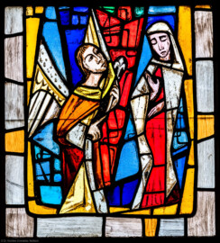 Waghäusel - Wallfahrtskirche - Von innen - Alter Chor - Nordwand  - Linkes / westliches Fenster - Von Süden - Fenster "Die Menschwerdung" - Feld "Verkündigung" - Ausschnitt (linke Bahn, unterstes Feld) aus dem linken Chorfenster (Entwurf von Valentin Peter Feuerstein, Neckarsteinach, 1960; Ausführung von der Glaswerkstatt Meysen, Heidelberg) (aufgenommen im Januar 2020, am späten Vormittag)