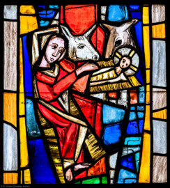 Waghäusel - Wallfahrtskirche - Von innen - Alter Chor - Nordwand  - Linkes / westliches Fenster - Von Süden - Fenster "Die Menschwerdung" - Feld "Geburt Jesu" - Ausschnitt (linke Bahn, zweites Feld von unten) aus dem linken Chorfenster (Entwurf von Valentin Peter Feuerstein, Neckarsteinach, 1960; Ausführung von der Glaswerkstatt Meysen, Heidelberg) (aufgenommen im Januar 2020, am späten Vormittag)