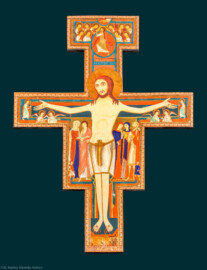Waghäusel - Wallfahrtskirche - Von innen - Triumphbogen - Von Osten - Blick vom Kapuzinerchor auf das Triumphkreuz vor/über dem Altar (gemalt von Herbert Kone, Kirrlach, Ende der 1990er Jahre, ?) (aufgenommen im Januar 2020, am Nachmittag)