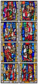 Waghäusel - Wallfahrtskirche - Von innen - Alter Chor - Nordwand  - Linkes / westliches Fenster - Von Süden - Fenster "Die Menschwerdung" - Collage aus allen Feldern des linken Chorfensters (Anordnung analog dem Fenster) (Entwurf von Valentin Peter Feuerstein, Neckarsteinach, 1960; Ausführung von der Glaswerkstatt Meysen, Heidelberg) (aufgenommen im Januar 2020, am späten Vormittag)