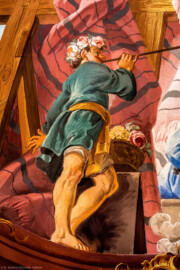 Schloss Bruchsal - Hauptbau / Corps de Logis - Beletage - Fürstensaal - Decke, östlich des Zentrums - Ausschnitt aus der östlichen äußeren Zone - Ausschnitt aus der Darstellung der Vier Jahreszeiten und der Vier Lebensalter als Musikkapelle - Mitte (Junge mit Blasinstrument): Darstellung des Frühlings und der Kindheit (Deckenfresko urspünglich gemalt 1751 von Johannes Zick, originalgetreu rekonstruiert 1966 bis 1969 von Wolfram Köberl) (aufgenommen im Januar 2020, am späten Vormittag) Schloss Bruchsal - Hauptbau / Corps de Logis - Beletage - Fürstensaal - Decke, östlich des Zentrums - Ausschnitt aus der östlichen äußeren Zone - Ausschnitt aus der Darstellung der Vier Jahreszeiten und der Vier Lebensalter als Musikkapelle - Mitte (Junge mit Blasinstrument): Darstellung des Frühlings und der Kindheit (Deckenfresko urspünglich gemalt 1751 von Johannes Zick, originalgetreu rekonstruiert 1966 bis 1969 von Wolfram Köberl) (aufgenommen im Januar 2020, am späten Vormittag)