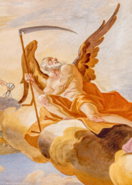 Schloss Bruchsal - Hauptbau / Corps de Logis - Beletage - Fürstensaal - Decke, nordöstlich des Zentrums - Ausschnitt aus der nordöstlichen inneren Zone - Mitte: Darstellung des Zeitgotts Chronos mit Sense und Stundenglas (Deckenfresko urspünglich gemalt 1751 von Johannes Zick, originalgetreu rekonstruiert 1966 bis 1969 von Wolfram Köberl) (aufgenommen im Januar 2020, um die Mittagszeit) Schloss Bruchsal - Hauptbau / Corps de Logis - Beletage - Fürstensaal - Decke, nordöstlich des Zentrums - Ausschnitt aus der nordöstlichen inneren Zone - Mitte: Darstellung des Zeitgotts Chronos mit Sense und Stundenglas (Deckenfresko urspünglich gemalt 1751 von Johannes Zick, originalgetreu rekonstruiert 1966 bis 1969 von Wolfram Köberl) (aufgenommen im Januar 2020, um die Mittagszeit)