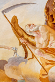 Schloss Bruchsal - Hauptbau / Corps de Logis - Beletage - Fürstensaal - Decke, nordöstlich des Zentrums - Ausschnitt aus der nordöstlichen inneren Zone - Rechts: Darstellung des Zeitgotts Chronos mit Sense und Stundenglas (Deckenfresko urspünglich gemalt 1751 von Johannes Zick, originalgetreu rekonstruiert 1966 bis 1969 von Wolfram Köberl) (aufgenommen im Januar 2020, um die Mittagszeit) Schloss Bruchsal - Hauptbau / Corps de Logis - Beletage - Fürstensaal - Decke, nordöstlich des Zentrums - Ausschnitt aus der nordöstlichen inneren Zone - Rechts: Darstellung des Zeitgotts Chronos mit Sense und Stundenglas (Deckenfresko urspünglich gemalt 1751 von Johannes Zick, originalgetreu rekonstruiert 1966 bis 1969 von Wolfram Köberl) (aufgenommen im Januar 2020, um die Mittagszeit)