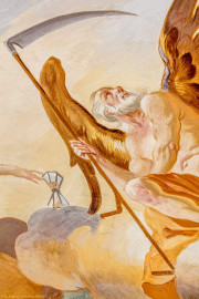 Schloss Bruchsal - Hauptbau / Corps de Logis - Beletage - Fürstensaal - Decke, nordöstlich des Zentrums - Ausschnitt aus der nordöstlichen inneren Zone - Rechts: Darstellung des Zeitgotts Chronos mit Sense und Stundenglas (Deckenfresko urspünglich gemalt 1751 von Johannes Zick, originalgetreu rekonstruiert 1966 bis 1969 von Wolfram Köberl) (aufgenommen im Januar 2020, um die Mittagszeit) Schloss Bruchsal - Hauptbau / Corps de Logis - Beletage - Fürstensaal - Decke, nordöstlich des Zentrums - Ausschnitt aus der nordöstlichen inneren Zone - Rechts: Darstellung des Zeitgotts Chronos mit Sense und Stundenglas (Deckenfresko urspünglich gemalt 1751 von Johannes Zick, originalgetreu rekonstruiert 1966 bis 1969 von Wolfram Köberl) (aufgenommen im Januar 2020, um die Mittagszeit)