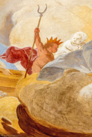 Schloss Bruchsal - Hauptbau / Corps de Logis - Beletage - Fürstensaal - Decke, nordöstlich des Zentrums - Ausschnitt aus der nordöstlichen inneren Zone - Mitte: Darstellung des Gott der Totenwelt Pluto mit Krone und Zweizack (Deckenfresko urspünglich gemalt 1751 von Johannes Zick, originalgetreu rekonstruiert 1966 bis 1969 von Wolfram Köberl) (aufgenommen im Januar 2020, um die Mittagszeit) Schloss Bruchsal - Hauptbau / Corps de Logis - Beletage - Fürstensaal - Decke, nordöstlich des Zentrums - Ausschnitt aus der nordöstlichen inneren Zone - Mitte: Darstellung des Gott der Totenwelt Pluto mit Krone und Zweizack (Deckenfresko urspünglich gemalt 1751 von Johannes Zick, originalgetreu rekonstruiert 1966 bis 1969 von Wolfram Köberl) (aufgenommen im Januar 2020, um die Mittagszeit)