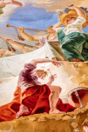 Schloss Bruchsal - Hauptbau / Corps de Logis - Beletage - Marmorsaal / Kaisersaal - Deckenfresko, äußere Zone, nordöstlich des Zentrums - Von Südwesten - Ausschnitt aus dem Ewigen Göttermahl im Olymp - Oben: Darstellung von Posaunenbläsern, das ewige Bestehen des Bistums Speyer verkündend; unten: Darstellung eines Paukenspielers (Deckenfresko urspünglich gemalt 1754 von Johannes Zick, originalgetreu rekonstruiert 1971 bis 1974 von Wolfram Köberl; Stuck urspünglich von Johann Michael Feuchtmayer dem Jüngeren, rekonstruiert 1962 bis 1969 von Jakob und Josef Schnitzer) (aufgenommen im Januar 2020, am Nachmittag) Schloss Bruchsal - Hauptbau / Corps de Logis - Beletage - Marmorsaal / Kaisersaal - Deckenfresko, äußere Zone, nordöstlich des Zentrums - Von Südwesten - Ausschnitt aus dem Ewigen Göttermahl im Olymp - Oben: Darstellung von Posaunenbläsern, das ewige Bestehen des Bistums Speyer verkündend; unten: Darstellung eines Paukenspielers (Deckenfresko urspünglich gemalt 1754 von Johannes Zick, originalgetreu rekonstruiert 1971 bis 1974 von Wolfram Köberl; Stuck urspünglich von Johann Michael Feuchtmayer dem Jüngeren, rekonstruiert 1962 bis 1969 von Jakob und Josef Schnitzer) (aufgenommen im Januar 2020, am Nachmittag)