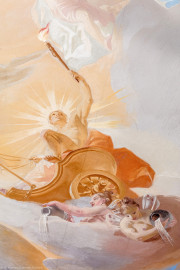 Schloss Bruchsal - Hauptbau / Corps de Logis - Beletage - Marmorsaal / Kaisersaal - Deckenfresko, Innere Zone, nordöstlich des Zentrums - Von Südwesten - Mitte: der Sonnengott Apoll mit seinem Sonnenwagen über dem Zodiacus (dem Tierkreis); unterhalb des Sonnenwagens: zwei Horen, Göttinnen der Jahreszeiten, Tau aus Krügen gießend (Deckenfresko urspünglich gemalt 1754 von Johannes Zick, originalgetreu rekonstruiert 1971 bis 1974 von Wolfram Köberl; Stuck urspünglich von Johann Michael Feuchtmayer dem Jüngeren, rekonstruiert 1962 bis 1969 von Jakob und Josef Schnitzer) (aufgenommen im Januar 2020, am Nachmittag) Schloss Bruchsal - Hauptbau / Corps de Logis - Beletage - Marmorsaal / Kaisersaal - Deckenfresko, Innere Zone, nordöstlich des Zentrums - Von Südwesten - Mitte: der Sonnengott Apoll mit seinem Sonnenwagen über dem Zodiacus (dem Tierkreis); unterhalb des Sonnenwagens: zwei Horen, Göttinnen der Jahreszeiten, Tau aus Krügen gießend (Deckenfresko urspünglich gemalt 1754 von Johannes Zick, originalgetreu rekonstruiert 1971 bis 1974 von Wolfram Köberl; Stuck urspünglich von Johann Michael Feuchtmayer dem Jüngeren, rekonstruiert 1962 bis 1969 von Jakob und Josef Schnitzer) (aufgenommen im Januar 2020, am Nachmittag)