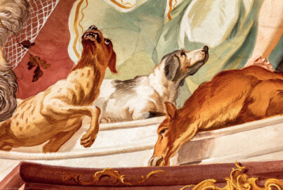 Schloss Bruchsal - Hauptbau / Corps de Logis - Beletage - Fürstensaal - Decke, untere Zone, Südwestecke - Ausschnitt aus der südwestlichen äußeren Zone - Ausschnitt aus der Darstellung der Jagd, ein wichtiger Wirtschaftszweig Bruchsals - Unten: Hunde und Reh (Deckenfresko urspünglich gemalt 1751 von Johannes Zick, originalgetreu rekonstruiert 1966 bis 1969 von Wolfram Köberl) (aufgenommen im Januar 2020, am späten Vormittag) Schloss Bruchsal - Hauptbau / Corps de Logis - Beletage - Fürstensaal - Decke, untere Zone, Südwestecke - Ausschnitt aus der südwestlichen äußeren Zone - Ausschnitt aus der Darstellung der Jagd, ein wichtiger Wirtschaftszweig Bruchsals - Unten: Hunde und Reh (Deckenfresko urspünglich gemalt 1751 von Johannes Zick, originalgetreu rekonstruiert 1966 bis 1969 von Wolfram Köberl) (aufgenommen im Januar 2020, am späten Vormittag)