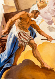 Schloss Bruchsal - Hauptbau / Corps de Logis - Beletage - Fürstensaal - Decke, äußere Zone, Nordostecke - Ausschnitt aus der nordöstlichen äußeren Zone - Darstellung der Salzgewinnung, ein wichtiger Wirtschaftszweig Bruchsals - Mitte (Mann mit Hammer): Darstellung des Vulcanus, des Feuer- und Schmiedegotts (Deckenfresko urspünglich gemalt 1751 von Johannes Zick, originalgetreu rekonstruiert 1966 bis 1969 von Wolfram Köberl) (aufgenommen im Januar 2020, um die Mittagszeit) Schloss Bruchsal - Hauptbau / Corps de Logis - Beletage - Fürstensaal - Decke, äußere Zone, Nordostecke - Ausschnitt aus der nordöstlichen äußeren Zone - Darstellung der Salzgewinnung, ein wichtiger Wirtschaftszweig Bruchsals - Mitte (Mann mit Hammer): Darstellung des Vulcanus, des Feuer- und Schmiedegotts (Deckenfresko urspünglich gemalt 1751 von Johannes Zick, originalgetreu rekonstruiert 1966 bis 1969 von Wolfram Köberl) (aufgenommen im Januar 2020, um die Mittagszeit)