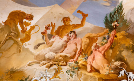 Schloss Bruchsal - Hauptbau / Corps de Logis - Beletage - Marmorsaal / Kaisersaal - Deckenfresko, äußere Zone, nordöstlich des Zentrums - Von Westen - Darstellung betrunkener Satyrn mit Weinkelchen (Deckenfresko urspünglich gemalt 1754 von Johannes Zick, originalgetreu rekonstruiert 1971 bis 1974 von Wolfram Köberl; Stuck urspünglich von Johann Michael Feuchtmayer dem Jüngeren, rekonstruiert 1962 bis 1969 von Jakob und Josef Schnitzer) (aufgenommen im Januar 2020, am Nachmittag) Schloss Bruchsal - Hauptbau / Corps de Logis - Beletage - Marmorsaal / Kaisersaal - Deckenfresko, äußere Zone, nordöstlich des Zentrums - Von Westen - Darstellung betrunkener Satyrn mit Weinkelchen (Deckenfresko urspünglich gemalt 1754 von Johannes Zick, originalgetreu rekonstruiert 1971 bis 1974 von Wolfram Köberl; Stuck urspünglich von Johann Michael Feuchtmayer dem Jüngeren, rekonstruiert 1962 bis 1969 von Jakob und Josef Schnitzer) (aufgenommen im Januar 2020, am Nachmittag)