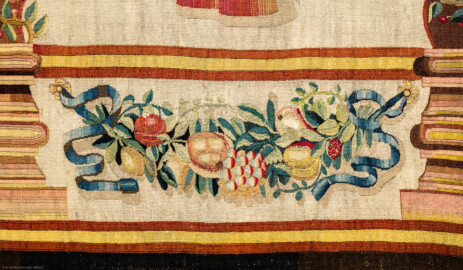 Schloss Bruchsal - Hauptbau / Corps de Logis - Beletage - Garderobenzimmer / Pagenzimmer - Nördliche Wand - Blick auf einen Ausschnitt (rechte Bahn, unten) aus einer Veston-Tapisserie (Tapisserie Inv.Nr. G 168a, Höhe 320 cm, Breite 253 cm; Tapisserie vermutlich hergestellt in Flandern um 1700) (aufgenommen im Januar 2020, am Nachmittag) Schloss Bruchsal - Hauptbau / Corps de Logis - Beletage - Garderobenzimmer / Pagenzimmer - Nördliche Wand - Blick auf einen Ausschnitt (rechte Bahn, unten) aus einer Veston-Tapisserie (Tapisserie Inv.Nr. G 168a, Höhe 320 cm, Breite 253 cm; Tapisserie vermutlich hergestellt in Flandern um 1700) (aufgenommen im Januar 2020, am Nachmittag)