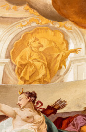 Schloss Bruchsal - Hauptbau / Corps de Logis - Beletage - Fürstensaal - Decke, untere Zone, Südwestecke - Ausschnitt aus der südwestlichen äußeren Zone - Ausschnitt aus der Darstellung der Jagd, ein wichtiger Wirtschaftszweig Bruchsals - Unten (Frau mit Köcher und Pfeilen): Darstellung der griechischen / römischen Jagdgöttin Artemis / Diana, auf dem Kopf eine Mondsichel; oben: Staffagefigur (als Göttin des Mondes) (Deckenfresko urspünglich gemalt 1751 von Johannes Zick, originalgetreu rekonstruiert 1966 bis 1969 von Wolfram Köberl) (aufgenommen im Februar 2020, um die Mittagszeit) Schloss Bruchsal - Hauptbau / Corps de Logis - Beletage - Fürstensaal - Decke, untere Zone, Südwestecke - Ausschnitt aus der südwestlichen äußeren Zone - Ausschnitt aus der Darstellung der Jagd, ein wichtiger Wirtschaftszweig Bruchsals - Unten (Frau mit Köcher und Pfeilen): Darstellung der griechischen / römischen Jagdgöttin Artemis / Diana, auf dem Kopf eine Mondsichel; oben: Staffagefigur (als Göttin des Mondes) (Deckenfresko urspünglich gemalt 1751 von Johannes Zick, originalgetreu rekonstruiert 1966 bis 1969 von Wolfram Köberl) (aufgenommen im Februar 2020, um die Mittagszeit)