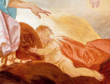 Schloss Bruchsal - Hauptbau / Corps de Logis - Beletage - Fürstensaal - Decke, innere Zone, südwestlich des Zentrums der Decke - Mitte: ein Genius, ein Schild von Athene (links außerhalb), Göttin der Künste und der Kriegskunst, haltend (Deckenfresko urspünglich gemalt 1751 von Johannes Zick, originalgetreu rekonstruiert 1966 bis 1969 von Wolfram Köberl) (aufgenommen im Februar 2020, am frühen Nachmittag) Schloss Bruchsal - Hauptbau / Corps de Logis - Beletage - Fürstensaal - Decke, innere Zone, südwestlich des Zentrums der Decke - Mitte: ein Genius, ein Schild von Athene (links außerhalb), Göttin der Künste und der Kriegskunst, haltend (Deckenfresko urspünglich gemalt 1751 von Johannes Zick, originalgetreu rekonstruiert 1966 bis 1969 von Wolfram Köberl) (aufgenommen im Februar 2020, am frühen Nachmittag)