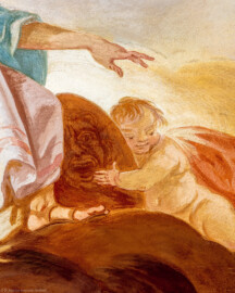 Schloss Bruchsal - Hauptbau / Corps de Logis - Beletage - Fürstensaal - Decke, innere Zone, südwestlich des Zentrums der Decke - Rechts: ein Genius, ein Schild von Athene (links außerhalb), Göttin der Künste und der Kriegskunst, haltend (Deckenfresko urspünglich gemalt 1751 von Johannes Zick, originalgetreu rekonstruiert 1966 bis 1969 von Wolfram Köberl) (aufgenommen im Februar 2020, am frühen Nachmittag) Schloss Bruchsal - Hauptbau / Corps de Logis - Beletage - Fürstensaal - Decke, innere Zone, südwestlich des Zentrums der Decke - Rechts: ein Genius, ein Schild von Athene (links außerhalb), Göttin der Künste und der Kriegskunst, haltend (Deckenfresko urspünglich gemalt 1751 von Johannes Zick, originalgetreu rekonstruiert 1966 bis 1969 von Wolfram Köberl) (aufgenommen im Februar 2020, am frühen Nachmittag)