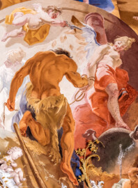 Schloss Bruchsal - Hauptbau / Corps de Logis - Beletage - Marmorsaal / Kaisersaal - Deckenfresko, äußere Zone, südöstlich des Zentrums der Decke - Links: Darstellung des Herakles / Hercules; rechts: Darstellung der Glücksgöttin Fortuna / Tyche, mit Flügeln; oben: ein Putto stutzt die Flügel von Fortuna; Mitte: Herakles bindet Fortuna an einer Säule fest; das Glück muss bleiben (Deckenfresko urspünglich gemalt 1754 von Johannes Zick, originalgetreu rekonstruiert 1971 bis 1974 von Wolfram Köberl; Stuck urspünglich von Johann Michael Feuchtmayer dem Jüngeren, rekonstruiert 1962 bis 1969 von Jakob und Josef Schnitzer) (aufgenommen im Februar 2020, am Nachmittag) Schloss Bruchsal - Hauptbau / Corps de Logis - Beletage - Marmorsaal / Kaisersaal - Deckenfresko, äußere Zone, südöstlich des Zentrums der Decke - Links: Darstellung des Herakles / Hercules; rechts: Darstellung der Glücksgöttin Fortuna / Tyche, mit Flügeln; oben: ein Putto stutzt die Flügel von Fortuna; Mitte: Herakles bindet Fortuna an einer Säule fest; das Glück muss bleiben (Deckenfresko urspünglich gemalt 1754 von Johannes Zick, originalgetreu rekonstruiert 1971 bis 1974 von Wolfram Köberl; Stuck urspünglich von Johann Michael Feuchtmayer dem Jüngeren, rekonstruiert 1962 bis 1969 von Jakob und Josef Schnitzer) (aufgenommen im Februar 2020, am Nachmittag)