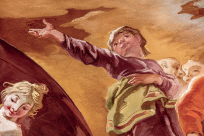 Schloss Bruchsal - Hauptbau / Corps de Logis - Beletage - Marmorsaal / Kaisersaal - Deckenfresko, äußere Zone, südöstlich des Zentrums der Decke - Unten links: Darstellung der Glücksgöttin Fortuna; rechts (Mädchen mit ausgestreckter Hand): Darstellung einer Schwester von Januarius Zick, dem Sohn von Johannes Zick (Deckenfresko urspünglich gemalt 1754 von Johannes Zick, originalgetreu rekonstruiert 1971 bis 1974 von Wolfram Köberl; Stuck urspünglich von Johann Michael Feuchtmayer dem Jüngeren, rekonstruiert 1962 bis 1969 von Jakob und Josef Schnitzer) (aufgenommen im Februar 2020, am Nachmittag) Schloss Bruchsal - Hauptbau / Corps de Logis - Beletage - Marmorsaal / Kaisersaal - Deckenfresko, äußere Zone, südöstlich des Zentrums der Decke - Unten links: Darstellung der Glücksgöttin Fortuna; rechts (Mädchen mit ausgestreckter Hand): Darstellung einer Schwester von Januarius Zick, dem Sohn von Johannes Zick (Deckenfresko urspünglich gemalt 1754 von Johannes Zick, originalgetreu rekonstruiert 1971 bis 1974 von Wolfram Köberl; Stuck urspünglich von Johann Michael Feuchtmayer dem Jüngeren, rekonstruiert 1962 bis 1969 von Jakob und Josef Schnitzer) (aufgenommen im Februar 2020, am Nachmittag)