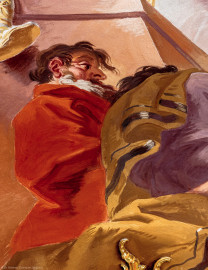 Schloss Bruchsal - Hauptbau / Corps de Logis - Beletage - Marmorsaal / Kaisersaal - Deckenfresko, äußere Zone, südöstlich des Zentrums der Decke - Blick auf eine Figur (Deckenfresko urspünglich gemalt 1754 von Johannes Zick, originalgetreu rekonstruiert 1971 bis 1974 von Wolfram Köberl; Stuck urspünglich von Johann Michael Feuchtmayer dem Jüngeren, rekonstruiert 1962 bis 1969 von Jakob und Josef Schnitzer) (aufgenommen im Februar 2020, am Nachmittag) Schloss Bruchsal - Hauptbau / Corps de Logis - Beletage - Marmorsaal / Kaisersaal - Deckenfresko, äußere Zone, südöstlich des Zentrums der Decke - Blick auf eine Figur (Deckenfresko urspünglich gemalt 1754 von Johannes Zick, originalgetreu rekonstruiert 1971 bis 1974 von Wolfram Köberl; Stuck urspünglich von Johann Michael Feuchtmayer dem Jüngeren, rekonstruiert 1962 bis 1969 von Jakob und Josef Schnitzer) (aufgenommen im Februar 2020, am Nachmittag)