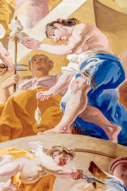 Schloss Bruchsal - Hauptbau / Corps de Logis - Beletage - Marmorsaal / Kaisersaal - Deckenfresko, äußere Zone, südöstlich des Zentrums der Decke - Darstellung von zwei der drei Parzen, der drei Schicksalsgöttinnen; ein Putto macht die Schere zum Durchschneiden des Schicksalsfadens unbrauchbar (Deckenfresko urspünglich gemalt 1754 von Johannes Zick, originalgetreu rekonstruiert 1971 bis 1974 von Wolfram Köberl; Stuck urspünglich von Johann Michael Feuchtmayer dem Jüngeren, rekonstruiert 1962 bis 1969 von Jakob und Josef Schnitzer) (aufgenommen im Februar 2020, am späten Nachmittag) Schloss Bruchsal - Hauptbau / Corps de Logis - Beletage - Marmorsaal / Kaisersaal - Deckenfresko, äußere Zone, südöstlich des Zentrums der Decke - Darstellung von zwei der drei Parzen, der drei Schicksalsgöttinnen; ein Putto macht die Schere zum Durchschneiden des Schicksalsfadens unbrauchbar (Deckenfresko urspünglich gemalt 1754 von Johannes Zick, originalgetreu rekonstruiert 1971 bis 1974 von Wolfram Köberl; Stuck urspünglich von Johann Michael Feuchtmayer dem Jüngeren, rekonstruiert 1962 bis 1969 von Jakob und Josef Schnitzer) (aufgenommen im Februar 2020, am späten Nachmittag)